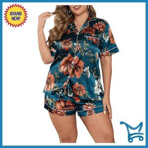 Plus Size Satin Pajama Set Short Sleeve Button Down Shorts Sleepwear